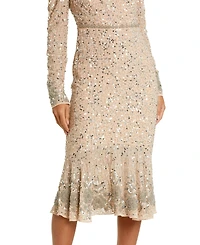 Mac Duggal Women's Pleated High Neck Raglan Long Sleeve Side Slit Gown