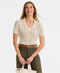 Lands' End Women's Fine Gauge Cotton Pointelle Polo Sweater