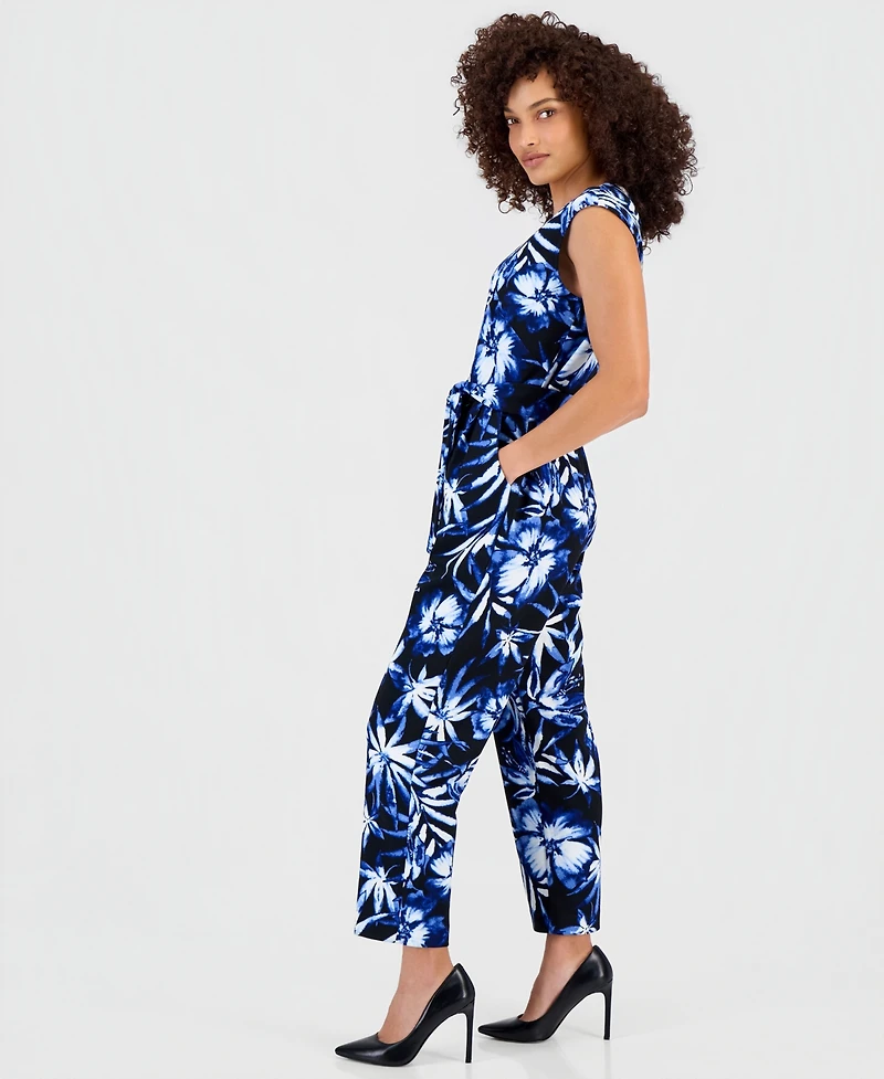 Anne Klein Essentials Petite Printed Tie-Waist Jumpsuit