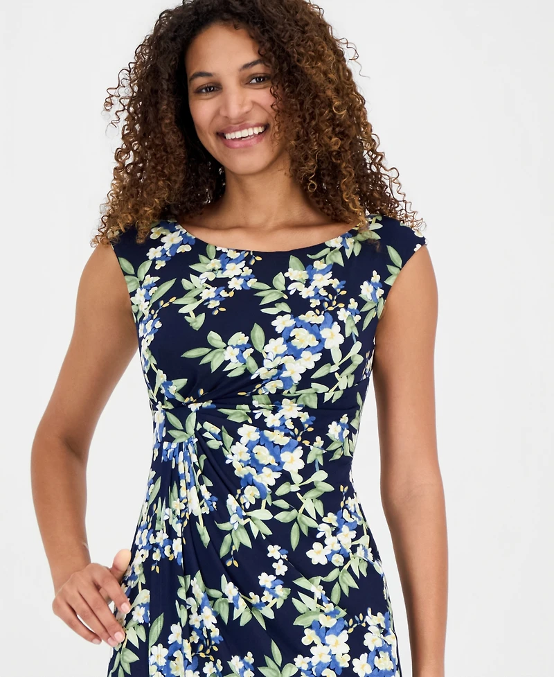 Connected Women's Printed Round-Neck Faux-Wrap Dress