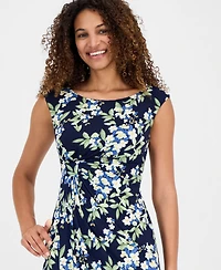 Connected Women's Printed Round-Neck Faux-Wrap Dress