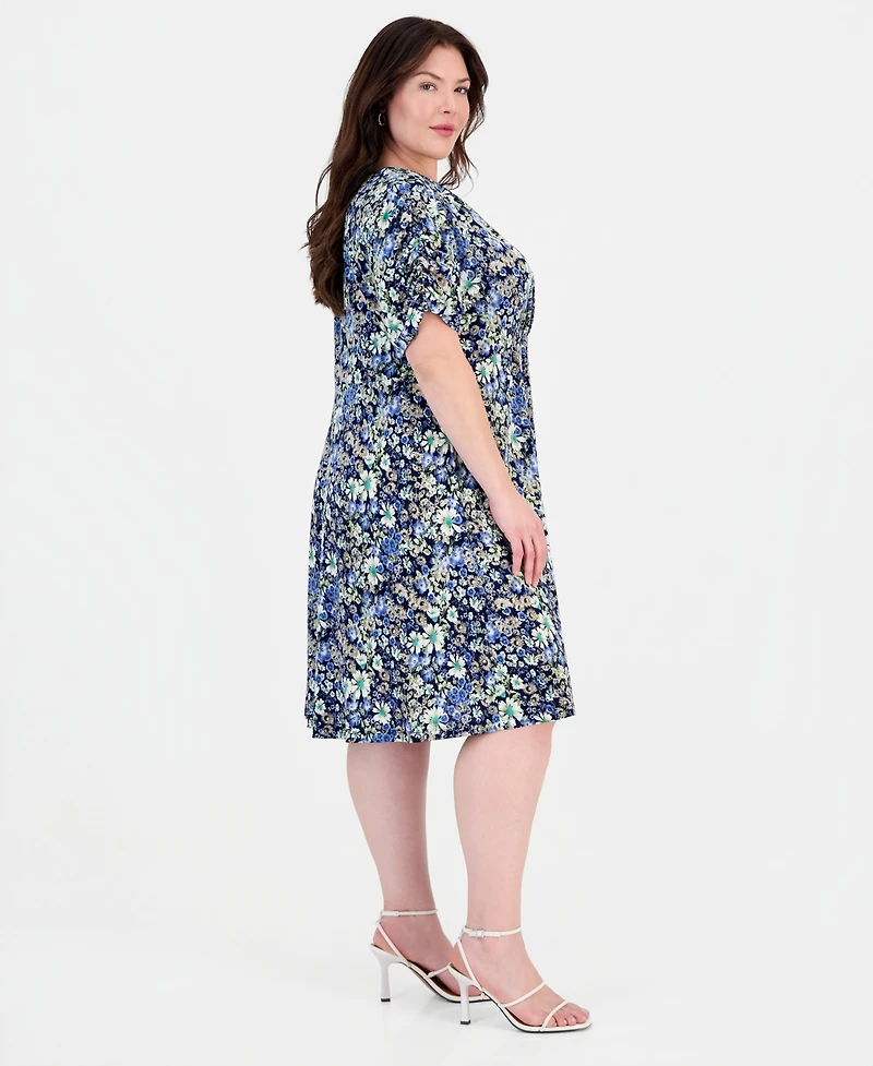 Connected Plus Surplice-Neck Short-Sleeve Dress