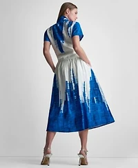 Dkny Womens Printed Short Sleeve Camp Shirt Printed Abstract Pull On Midi Skirt