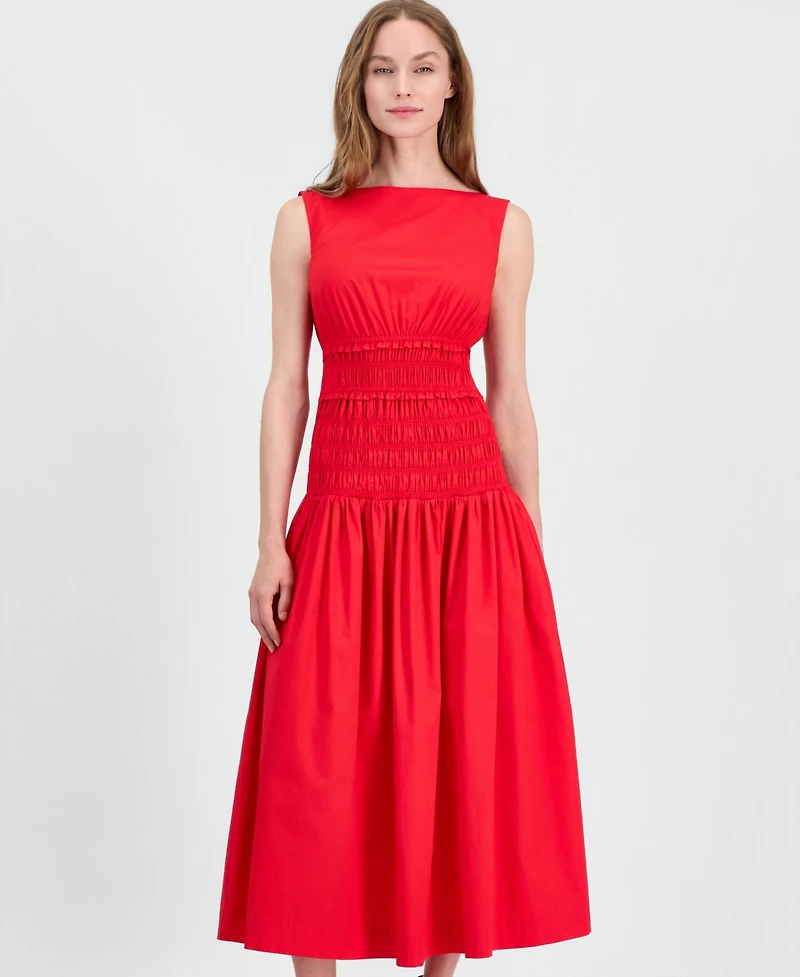 Anne Klein Petite Smocked Boat Neck Midi Dress