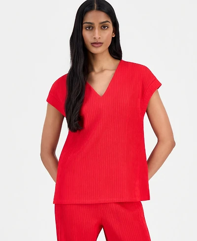 Anne Klein Women's Extended-Shoulder Textured V-Neck Top