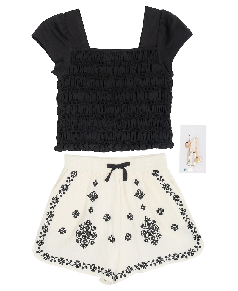 Tween Diva Girls' 7-16 Smocked Top and Embroidered Gauze Shorts, 2-Piece Set