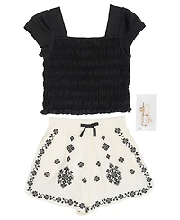 Tween Diva Girls' 7-16 Smocked Top and Embroidered Gauze Shorts, 2-Piece Set