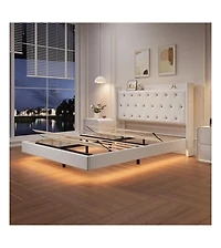 gaomon Bed Frame with Led Lights, Modern Wood Floating Bed Frame with Storage