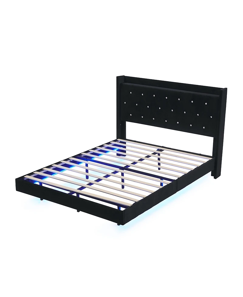 gaomon Bed Frame with Led Lights,Floating Bed Frame with Storage,Velvet Upholstered Headboard with Wingback