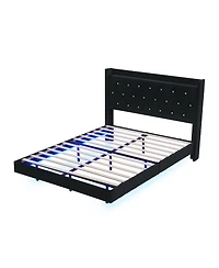 gaomon Bed Frame with Led Lights,Floating Bed Frame with Storage,Velvet Upholstered Headboard with Wingback