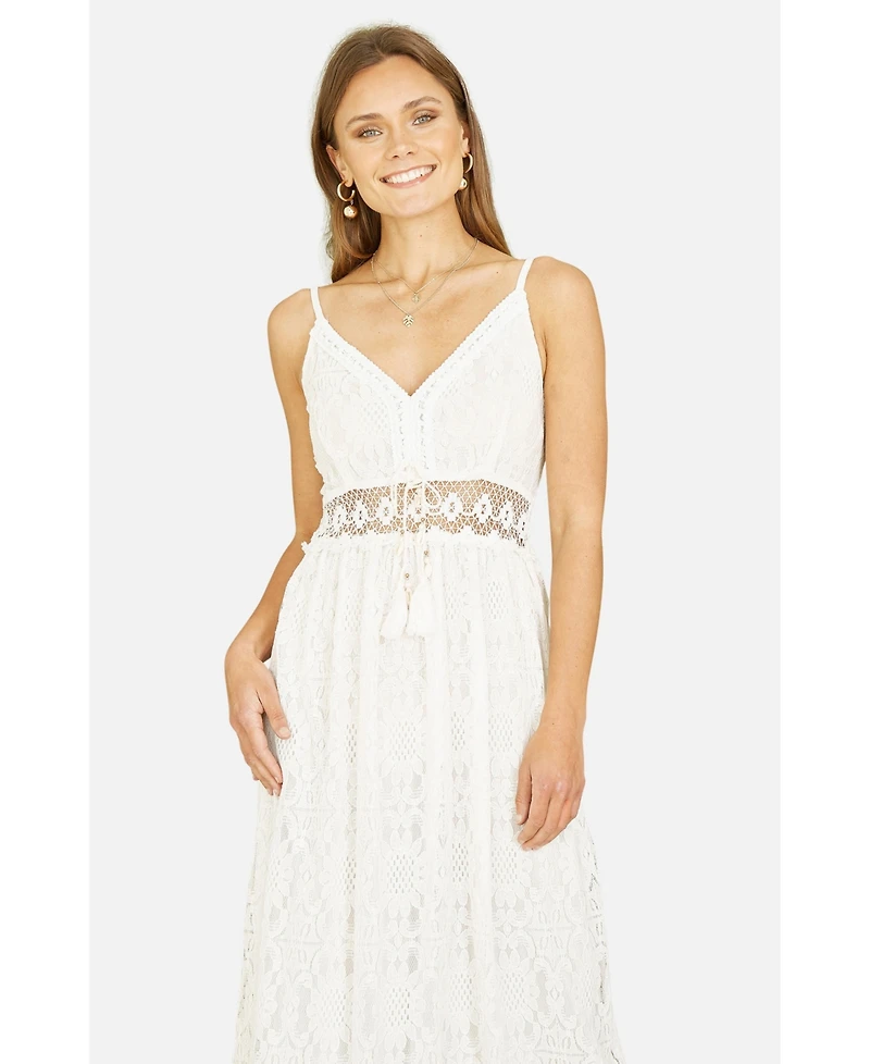 Yumi Women's Lace Embroidered Tassel Tie Midi Dress