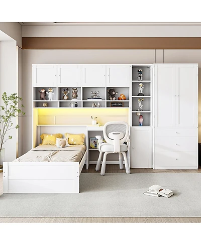 Streamdale Furniture Wooden Twin Platform Bed with Desk, Wardrobe, Cabinets, Drawers, Shelves