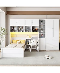 Streamdale Furniture Wooden Twin Platform Bed with Desk, Wardrobe, Cabinets, Drawers, Shelves