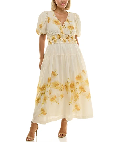 Taylor Women's Plus Puff Sleeve Placement Print Maxi Dress