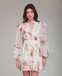Avec Les Filles Women's Floral-Print Lace-Trim Chiffon Dress