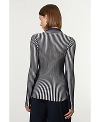 Karen Millen Women's Stripe Fitted Long Sleeve Knitted Top