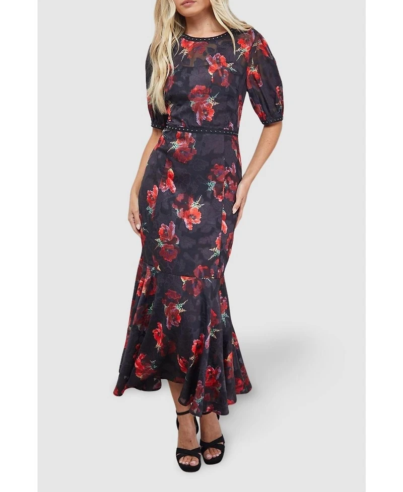 Oasis Women's Floral Stud Trim Puff Sleeve Midi Dress