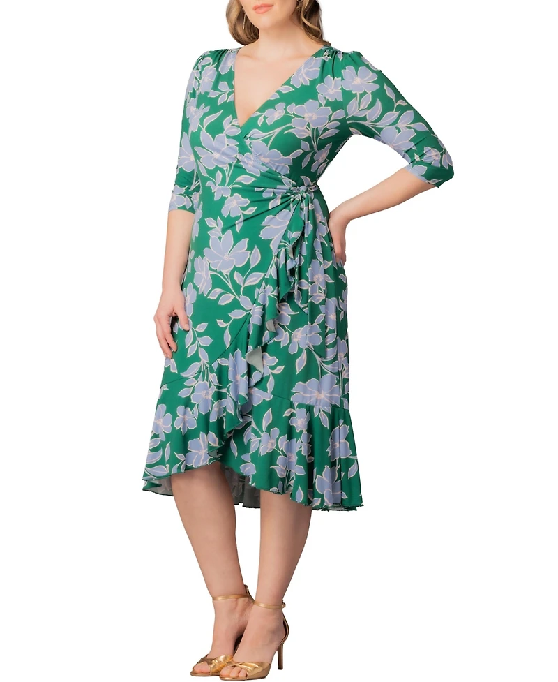Kiyonna Plus Flirty Flounce Midi Wrap Dress with 3/4 Sleeves