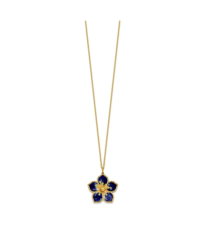 Curata Jewelry 14K Yellow Gold 18 Inch Italian Navy Enamel Textured Plumeria Necklace