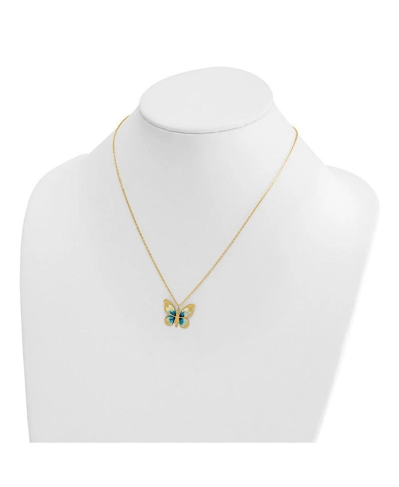 Curata Jewelry Solid 14k Yellow Gold 18 Inch Italian Blue Enamel Textured Butterfly Necklace