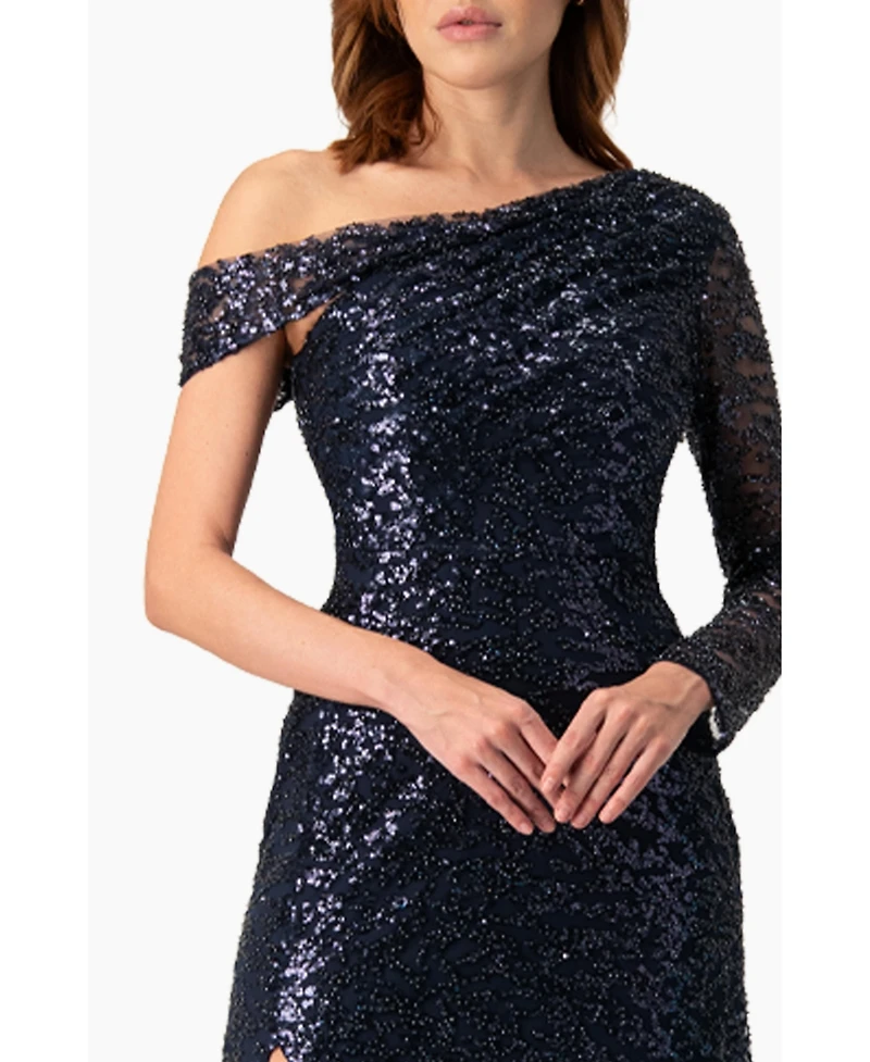 Ivonne Women's Embroided Gown with Front Slit and One Sleeve