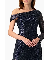 Ivonne Women's Embroided Gown with Front Slit and One Sleeve