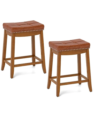 Saddle Bar Stools Set of with Pu Leather Seat Solid Rubber Wood Frame Footrest