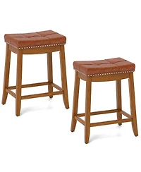 Saddle Bar Stools Set of with Pu Leather Seat Solid Rubber Wood Frame Footrest