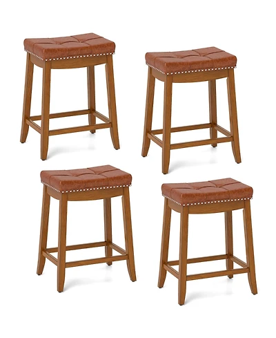 Saddle Bar Stools Set of 4 with Pu Leather Seat Solid Rubber Wood Frame Footrest
