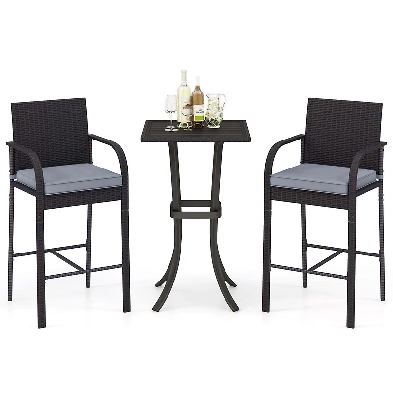 Costway 3 Pieces Patio Wicker Bar Set Rattan Chairs and Square Table with Heavy-Duty Metal Frame