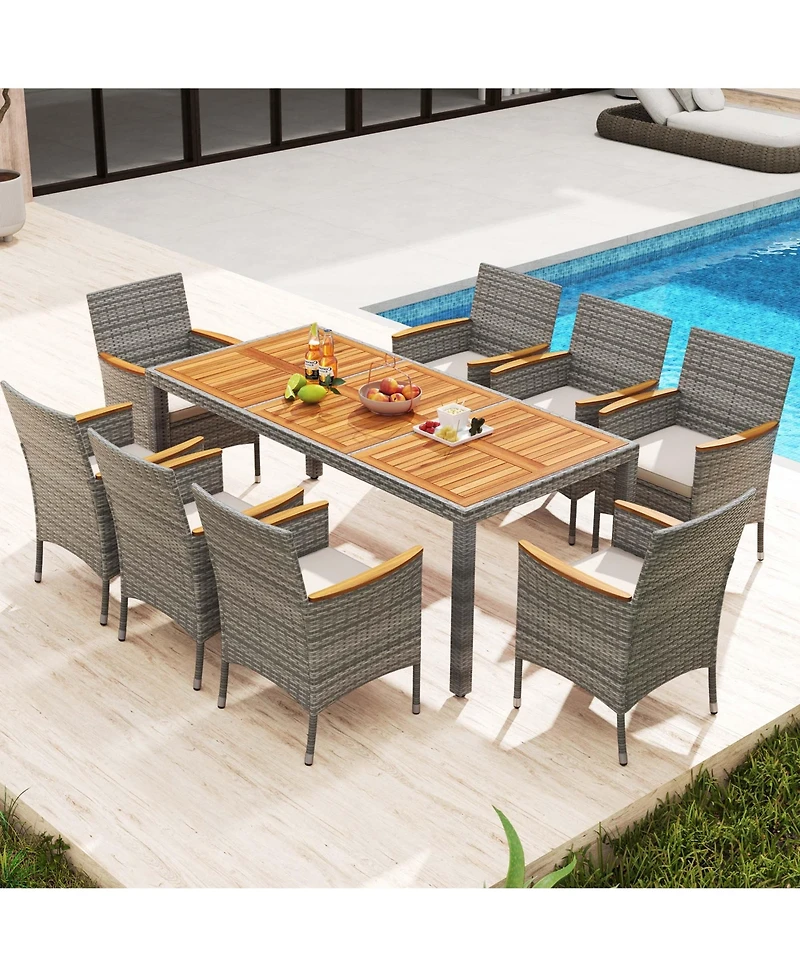 9 Pcs Patio Dining Set for 8 Table and Pe Rattan Chairs with 2"