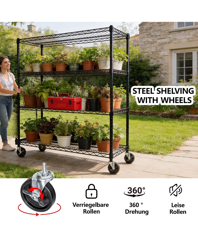 Rainsken 4 Tier Heavy Duty Wire Storage Shelves with Wheels, Adjustable Utility Storage Rack, 2400 lbs Capacity for Garage