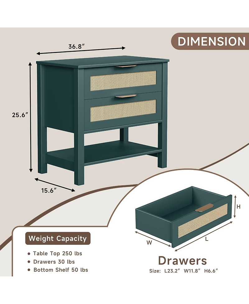 Rainsken Rattan Nightstand with 2 Drawers, Open Shelf & Handles for Bedroom or Living Room