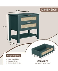 Rainsken Rattan Nightstand with 2 Drawers, Open Shelf & Handles for Bedroom or Living Room