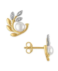 Macy's Cultured Freshwater Pearl (4mm) & Diamond Accent Olive Branch Earrings in 14k Gold Over Sterling Silver