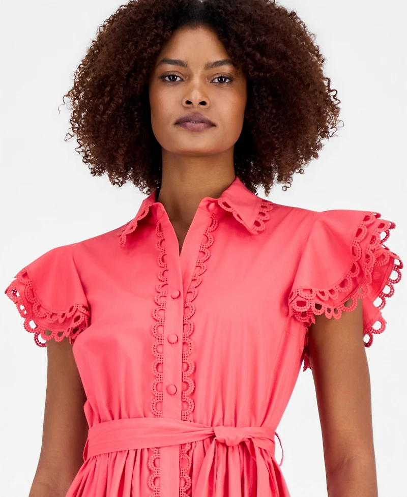T Tahari Women's Lace-Trim Flutter-Sleeve Shirtdress