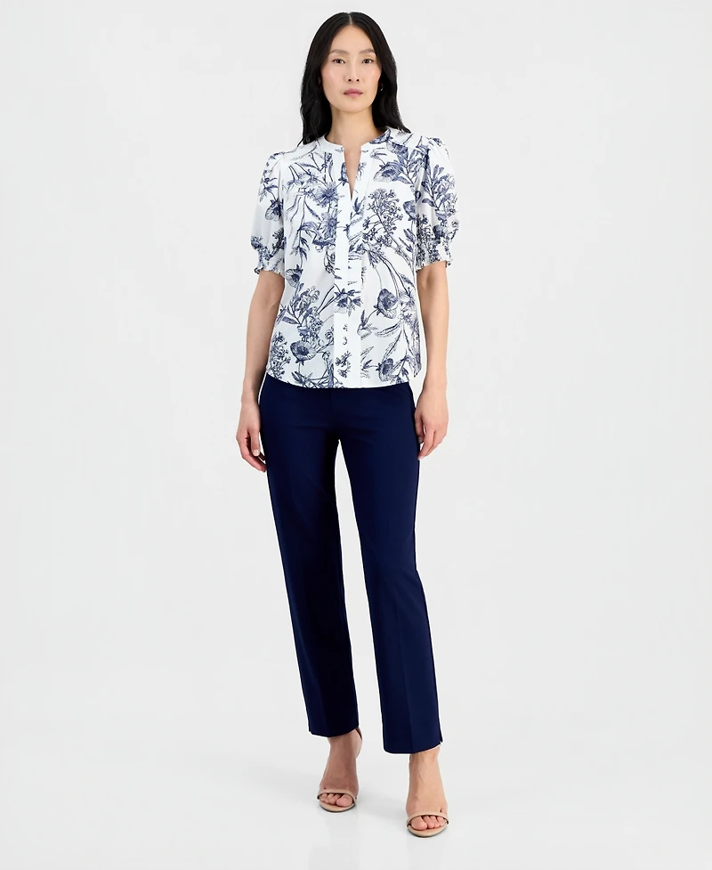 T Tahari Women's Printed Split-Neck Top