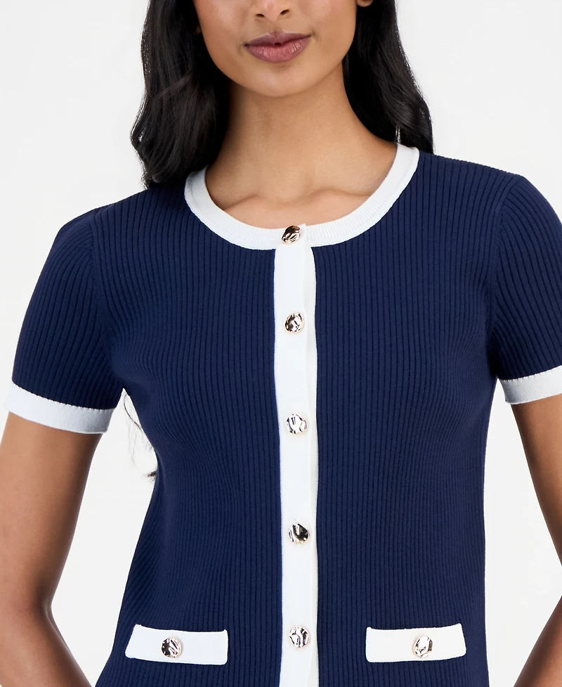 T Tahari Women's Ribbed Short-Sleeve Cardigan Sweater