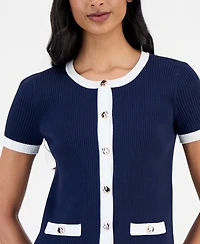 T Tahari Women's Ribbed Short-Sleeve Cardigan Sweater