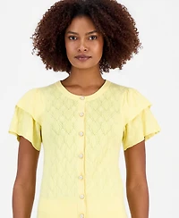 T Tahari Women's Pointelle Flutter-Sleeve Cardigan Sweater