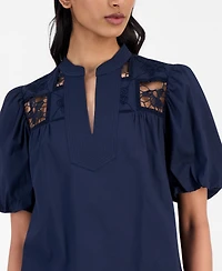 T Tahari Women's Split-Neck Lace-Yoke Puff-Sleeve Top