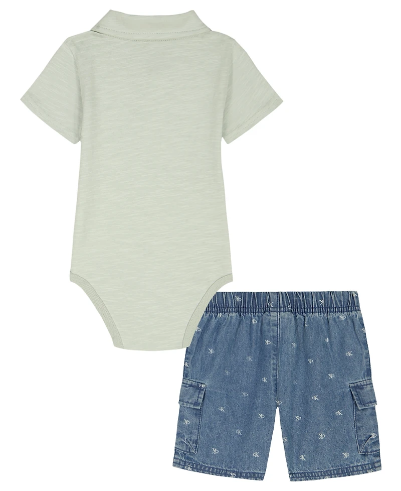 Calvin Klein Baby Boys' Slub Pique Polo Bodysuit & Denim Logo Shorts Set