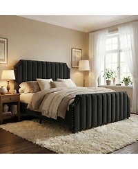 gaomon Velvet Upholstered Bed Frame with Headboard&Footboard, Platform Bed Frame with Nailhead Trim