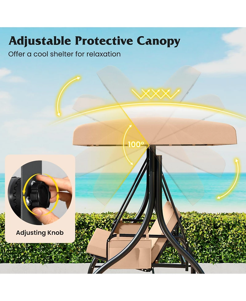 Mecale 3-Piece Patio Swing with Canopy, Removable Cushions & Side Pockets