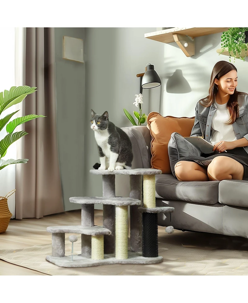 Aostirmotor 2-in-1 Cat Tree & Pet Stairs with Scratching Posts & Toy Balls, for High Beds & Couches