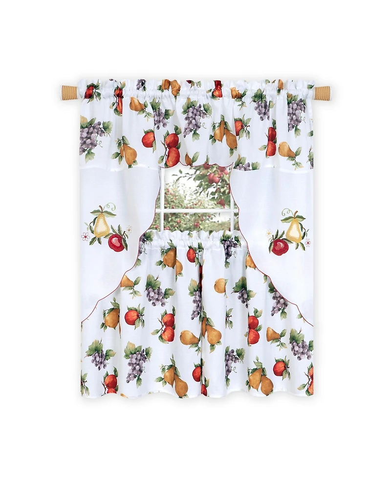 Kate Aurora Embroidered Fruit Medley 3 Piece Cafe Rod Pocket Kitchen Curtain And Valance Set