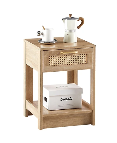 Rainsken Wooden Rattan Nightstand with Drawer and Open Storage Shelf – End Table