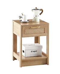 Rainsken Wooden Rattan Nightstand with Drawer and Open Storage Shelf – End Table