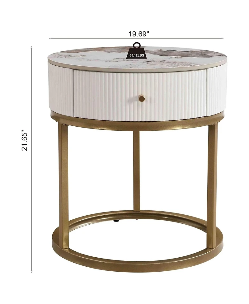Rainsken Marble Round Nightstand, Modern End Table with Drawer and Gold Metal Frame, Bedside Storage Table for Living Room Bedroom