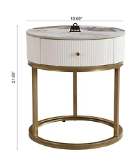 Rainsken Marble Round Nightstand, Modern End Table with Drawer and Gold Metal Frame, Bedside Storage Table for Living Room Bedroom